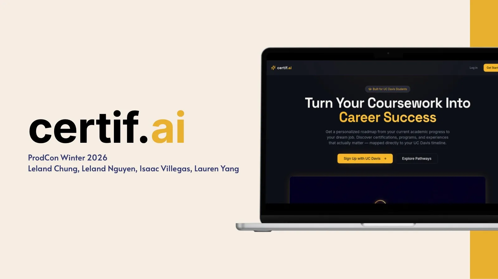 certif.ai title slide with the product landing page on a laptop