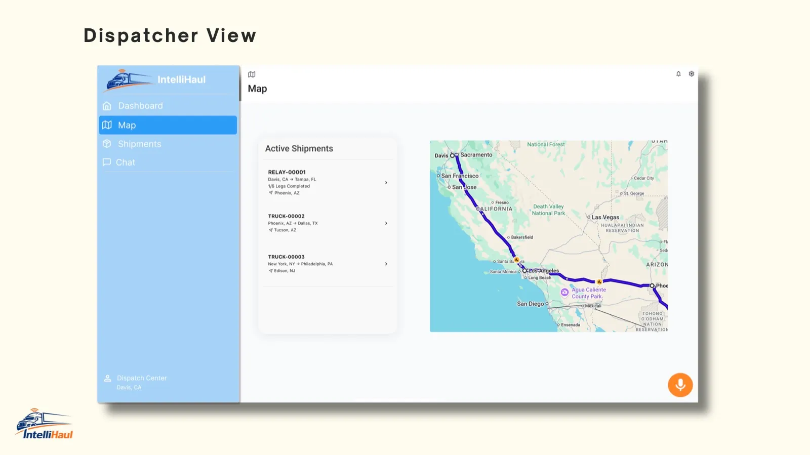 IntelliHaul dispatcher view mockup with a route map