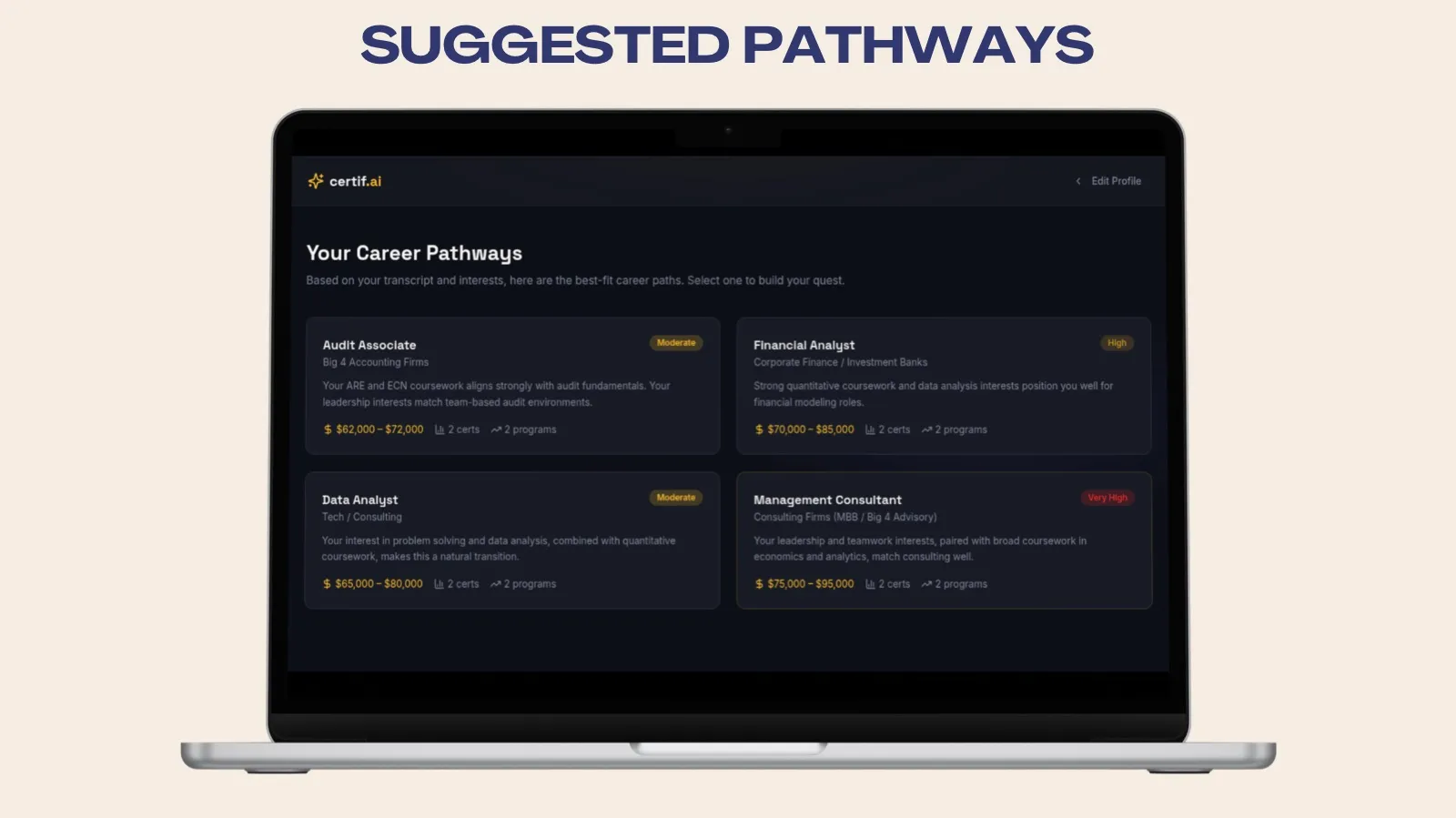 certif.ai suggested career pathways screen